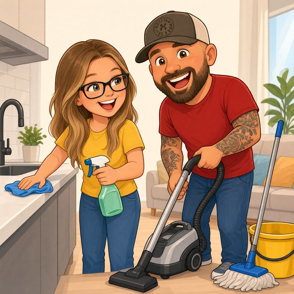 Caricature of the team cleaning a kitchen